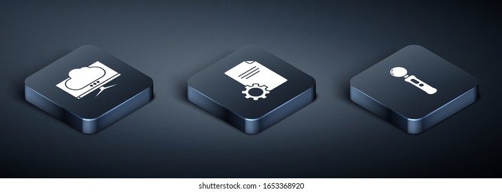 Set Isometric Computer monitor screen, Gamepad and File document icon. Vector
