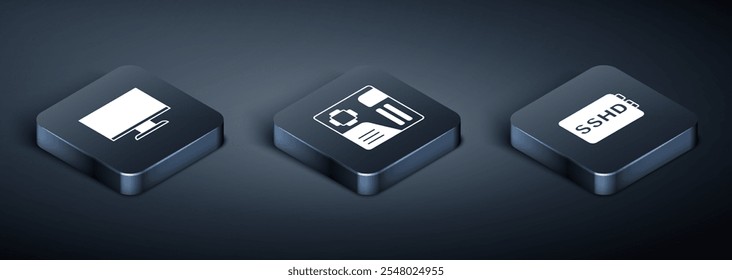 Set Isometric Computer monitor screen, SSHD card and Motherboard digital chip icon. Vector