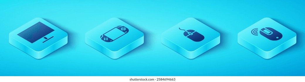 Set Isometric Computer monitor screen, Portable video game console, Wireless computer mouse and Computer mouse icon. Vector