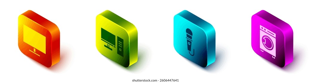 Set Isometric Computer monitor screen, Computer monitor, Microphone and Washer icon. Vector