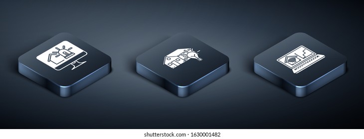 Set Isometric Computer monitor with smart house and alarm, Laptop with smart home with wi-fi and Smart house and light bulb icon. Vector