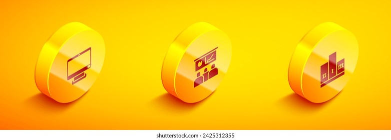Set Isometric Computer monitor, Training, presentation and Award over winner podium icon. Vector