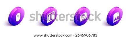 Set Isometric Computer mouse, Text, Laptop and cursor and AE file document icon. Vector