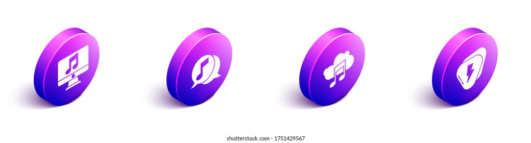 Set Isometric Computer with music note, Musical note in speech bubble, Music streaming service and Guitar pick icon. Vector