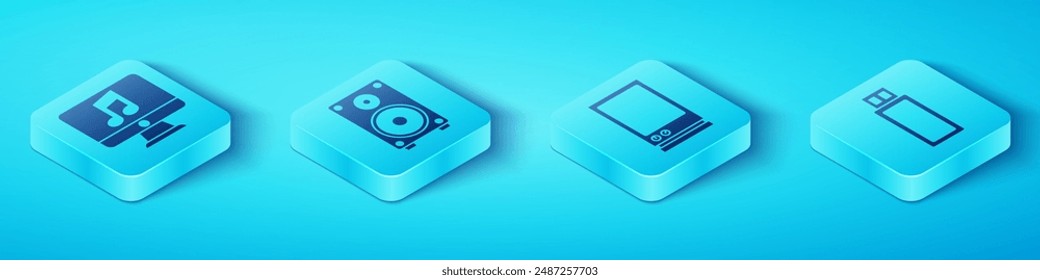 Set Isometric Computer with music note, Stereo speaker, USB flash drive and Voice assistant icon. Vector