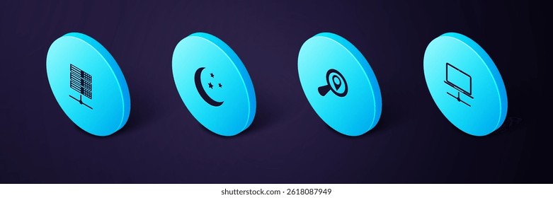 Set Isometric Computer network, Search location, Moon and stars and Server, Data, Web Hosting icon. Vector