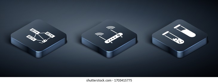 Set Isometric Computer network, Test tube and flask and Router and wi-fi signal icon. Vector