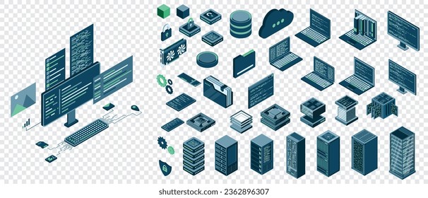 Set of isometric computer technology. Isometric set server equipment. Technology isometric icons. Digital technology items. Vector illustration