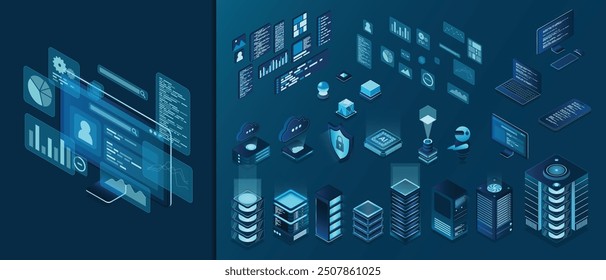 Set of isometric computer technology. Isometric set server equipment. Technology isometric icons. Digital technology items. Vector illustration