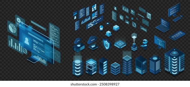 Set of isometric computer technology. Isometric set server equipment. Technology isometric icons. Digital technology items. Vector illustration