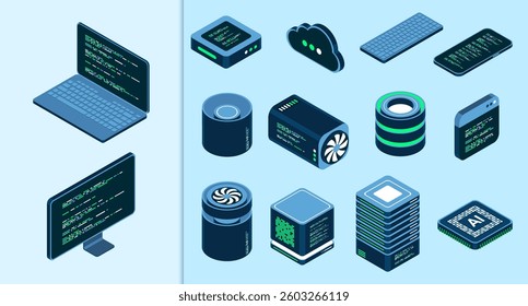 Set of isometric computer technology. Isometric set server equipment. Technology isometric icons. Digital technology items. Isometric technology