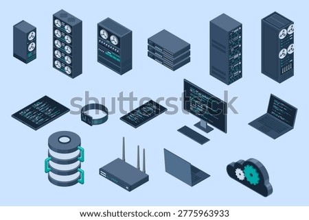 Set of isometric computer technology. Isometric set server equipment. Cloud network and database platform. Isometric technology