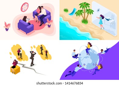 Set Isometric concept family psychology and conflicts, vacation, freelance. To create web applications