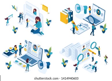 Set isometric concept job search applicant, resume writing, HP Manager, recruiters looking for employees. For create website and applications
