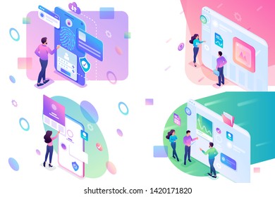 Set isometric concept, young teenagers working on a tablet and on a mobile phone screen. concepts for website and mobile website development