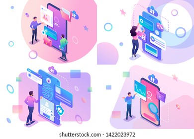 Set isometric concept with young teenagers information search and protection, mobile application development. For website and mobile apps development svg
