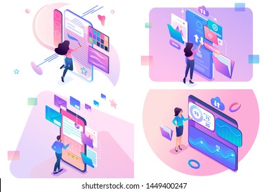 Set of isometric concepts. Financial management, data storage, sending letters, creative design. For Concept for web design