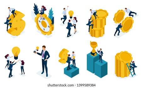 Set of isometric concepts of investment and achievement . Vector illustration for website and mobile application design.