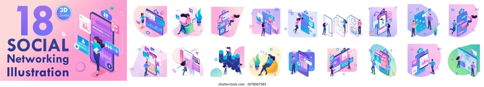 Set Isometric Concepts Social Networking. Young people communicate, correspond, work and live in social networks. For Vector Illustrations