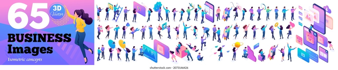 Set Isometric Concepts. Young businessmen with charts and graphs collect and research data. Using gadgets, smartphones. For Vector Illustrations.