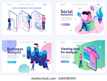 Set of isometric concepts.social networks, data analysis, business analysis, data collection. For Landing page concepts and web design