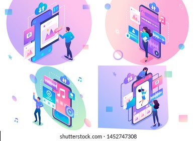 Set of isometric concepts.upload content, photo editing, listen to music, voice message. For Concept for web design