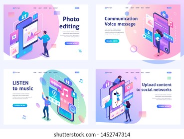 Set of isometric concepts.upload content, photo editing, listen to music, voice message. For Landing page concepts and web design