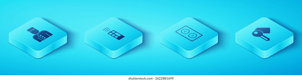 Definir o Isometric Concierge, Controle remoto, chave de bloqueio da porta do hotel e ícone de elevador. Vetor