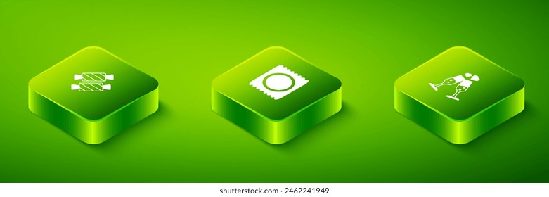 Conjunto condón isométrico en paquete, copa de champán y el icono de caramelo. Vector