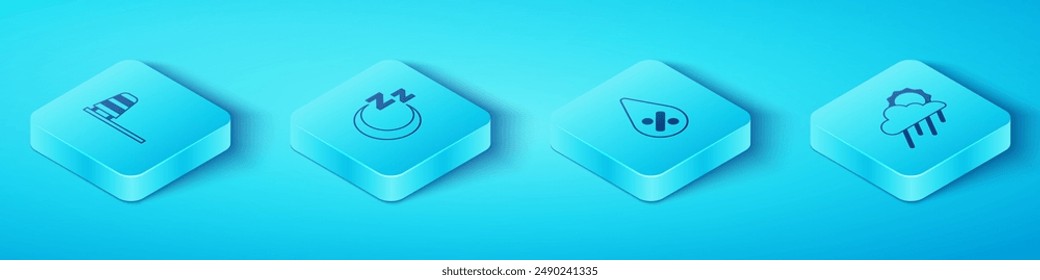 Set Isometric Cone windsock wind vane, Time to sleep, Cloud with rain and sun and Water drop percentage icon. Vector