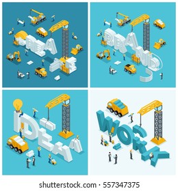 Set Isometric construction concept, working people, excavator, truck, tractor, construction crane, a set of construction elements.