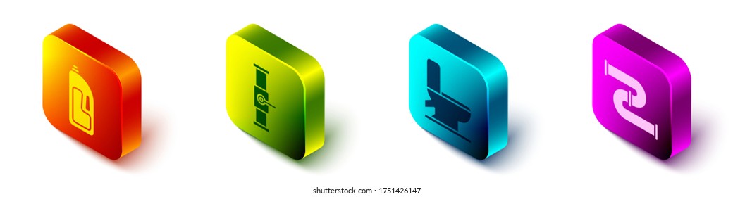 Ajuste el contenedor isométrico con limpiador de drenaje, tubería y válvula del sector, tazón de inodoro e icono de tubería metálica del sector. Vector