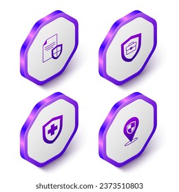 Set Isometric Contract with shield, Briefcase, Life insurance and Location icon. Purple hexagon button. Vector