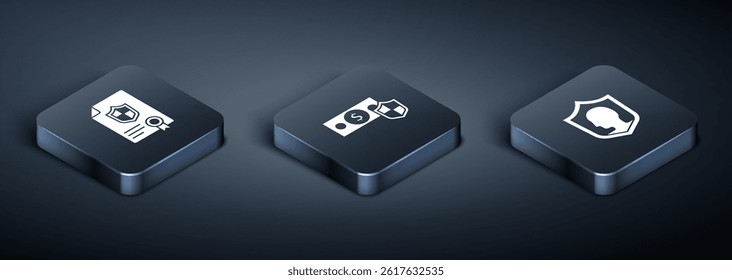Set Isometric Contract with shield, Life insurance and Money icon. Vector