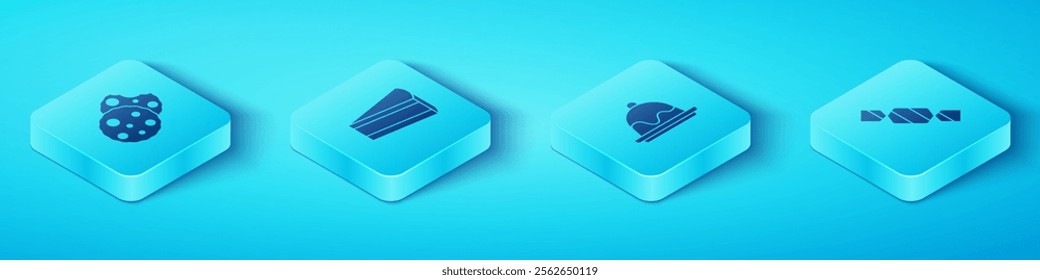 Set Isometric Cookie or biscuit, Piece of cake, Candy and Cake icon. Vector