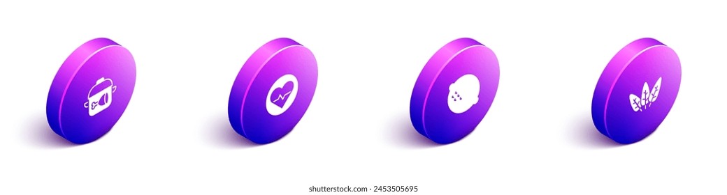 Set Isometric Cooking pot and chicken leg, Heart rate, Lemon and Leaf icon. Vector