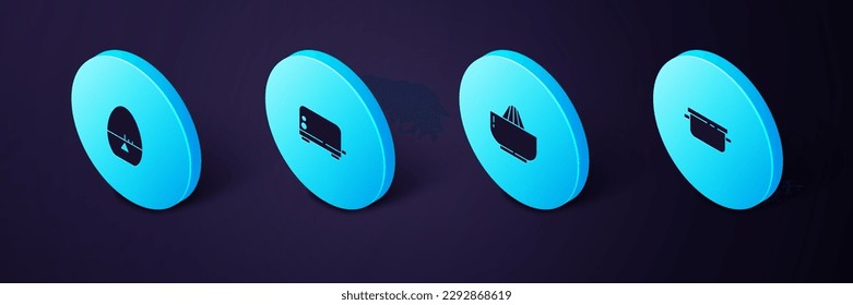 Set Isometric Cooking pot, Citrus fruit juicer, Toaster and Kitchen timer icon. Vector