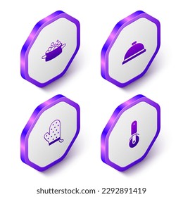 Set Isometric Cooking pot, Covered with tray of food, Oven glove and Pizza knife icon. Purple hexagon button. Vector
