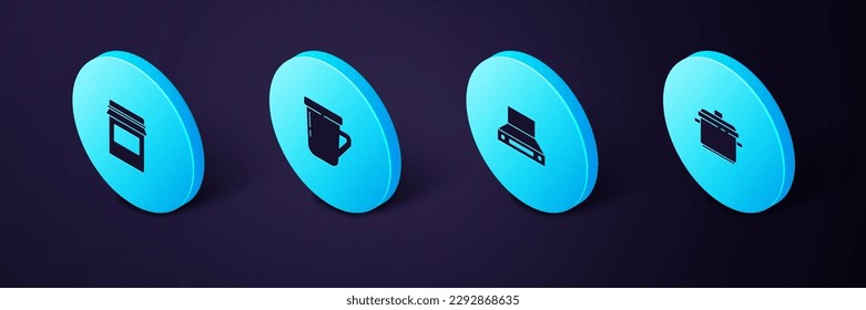 Set Isometric Cooking pot, Kitchen extractor fan, Coffee cup and Jam jar icon. Vector