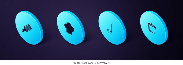 Set Isometric Cooking pot, Kitchen ladle, Chef hat and Grater icon. Vector
