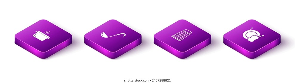 Set Isometrische Kochtopf, Küchenpfanne, Reibe und Waschgeschirr Symbol. Vektorgrafik