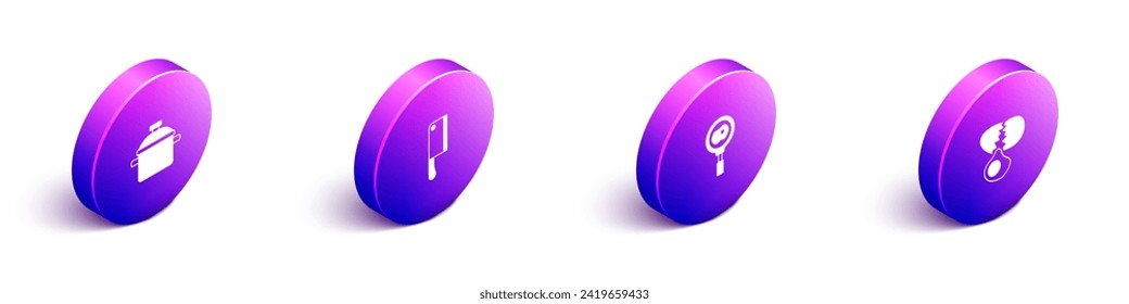 Set Isometric Cooking pot, Meat chopper, Fried eggs on frying pan and Broken icon. Vector
