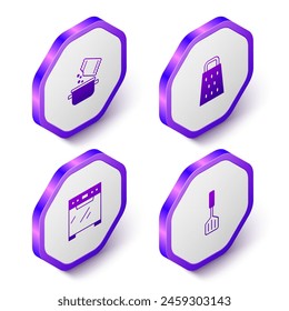 Set Isometric Cooking pot and spice, Grater, Oven and Spatula icon. Purple hexagon button. Vector