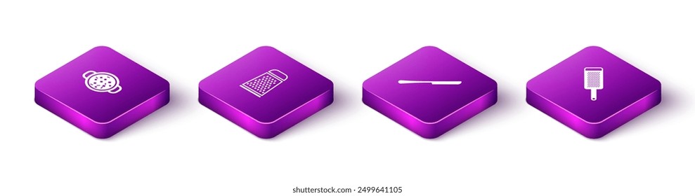 Conjunto de sopa de cocina isométrica en olla, rallador, cuchillo e icono. Vector
