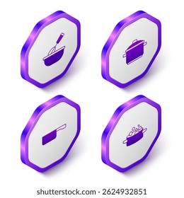 Set Isometric Cooking whisk with bowl, pot, Frying pan and  icon. Purple hexagon button. Vector