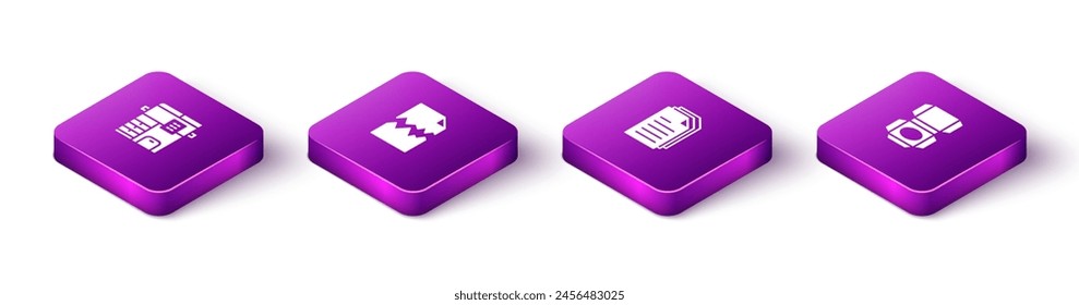 Establecer la máquina de copia isométrica, documento rasgado, archivo y caja de cartón icono. Vector