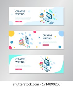 Set of isometric copywriter, author or blogger banner concept. Creative writing for freelance and marketing web site. Vector illustration for landing page template, article, blog, internet service