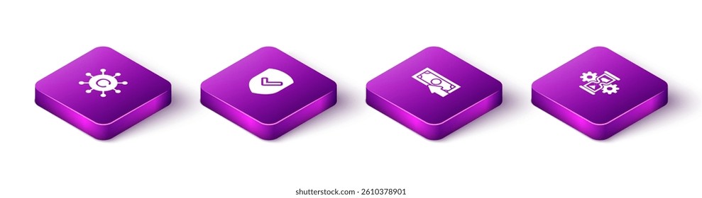 Set Isometric Copywriting network, Shield with check mark, Cash back and Hourglass and gear icon. Vector