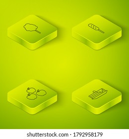 Set Isometric Corn dog, Apple, Stack of pancakes and Cotton candy icon. Vector