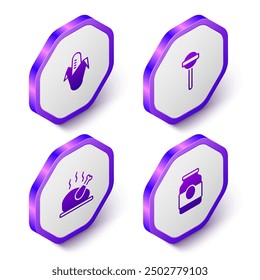 Set Isometric Corn, Lollipop, Roasted turkey chicken and Jam jar icon. Purple hexagon button. Vector
